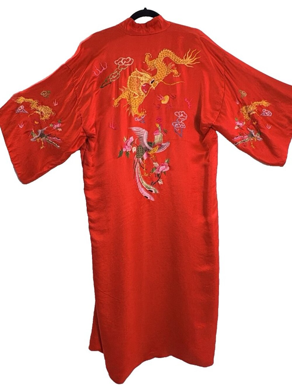 Vtg ESME Women‎ Silk Embroidered Dragon Robe Kimono Flawed Sz OS Red 7-11